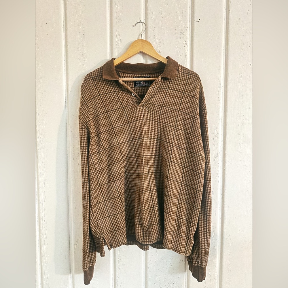 Vintage American Living Houndstooth Long Sleeve Polo